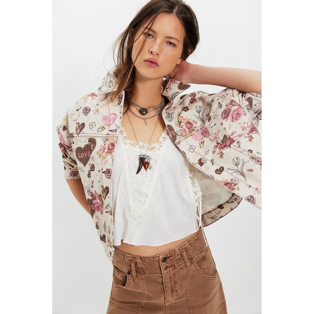 NWT We The Free People Opal Swing Hearts Ivory Denim Swing Jacket XS X-Small